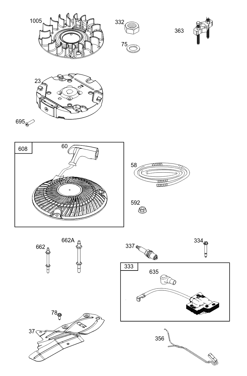 Flywheel, Ignition, And Starter Group Diagram and Parts List for 100802-0149-H5 100000 - 19Z999 Briggs and Stratton Engine